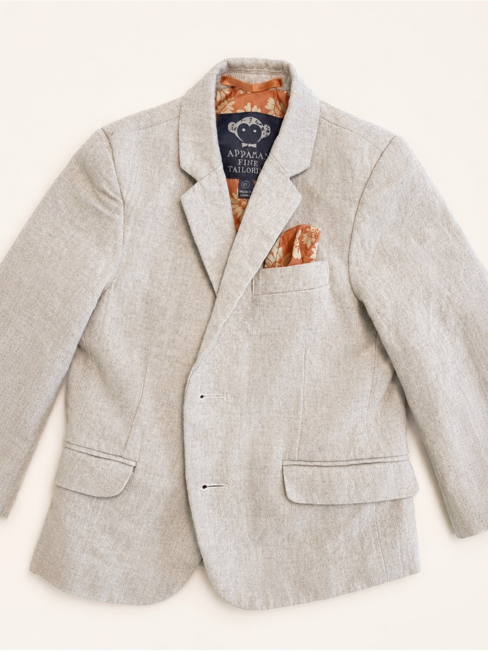Appaman Light Beige Linen-Blend Kids Blazer with Peach Floral Pocket Square